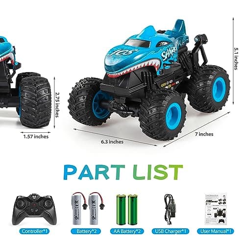 DYODYORC Remote Control Car, 2.4Ghz All Terrain Shark Monster Truck Toys, RC Truck with Music, 3 Lighting Effects, 360 Stunt Capable, 2 Batteries Ready to Run, Toy Gifts for Boys and Girls (Blue) - Thumbnail 2