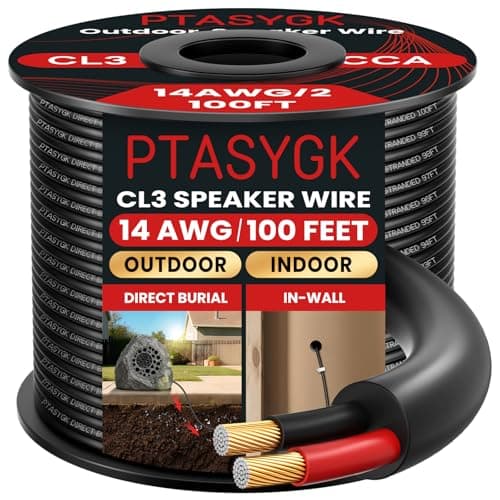 PTASYGK 14/2 Outdoor Speaker Wire - Direct Burial Speaker Cables CL3 CL2 Rated 100 Feet, UV Resistant CCA Cable for Garden, Patio, Pool Audio Systems