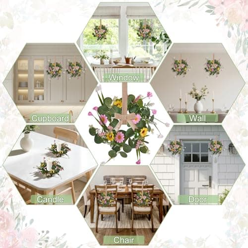 11.8 Inch Spring Summer Wreath, 4 Pcs Small Wreath Decorations with Daisy & Eucalyptus Leaves & Grass for Home, Door, Porch, Table, Candle Rings, Wall, Window, Cabinets（4, Spring Summer Wreath - Thumbnail 5