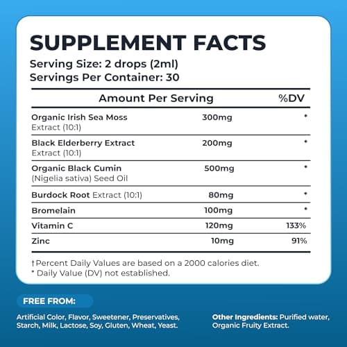 TrueSeaMoss Organic Irish Sea Moss Liquid Drops – Black Cumin Seed Oil, Black Elderberry Extract, Burdock Root, Vitamin C & Zinc – Elderberry Flavor – 30 Servings - Thumbnail 2