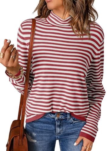 Dokotoo Womens Lightweight Oversized Sweaters Casual Pullover Sweater Fashion Long Sleeve Jumpers Tops Sweaters Spring 2026 Turtleneck Pullover Shirts Red Striped XX-Large - Image 1
