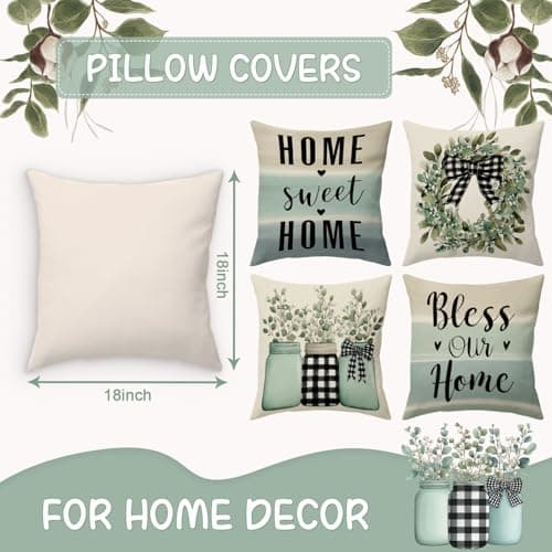 BBOLDIN Farmhouse Spring Throw Pillow Covers 18x18 Couch Cushion Covers, Rustic Country Buffalo Plaid Sofa Couch for Home Room Porch, Pastel Classic Flower Pillow Cases Decor Set of 4 - Thumbnail 3
