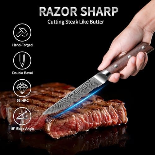 Plys Steak Knives Set of 6 Japanese: Serrated Knife Stainless Steel Steak Knife Set for Kitchen Dishwasher Safe Full Tang Design with Gift Box for Mother and Father - Thumbnail 5