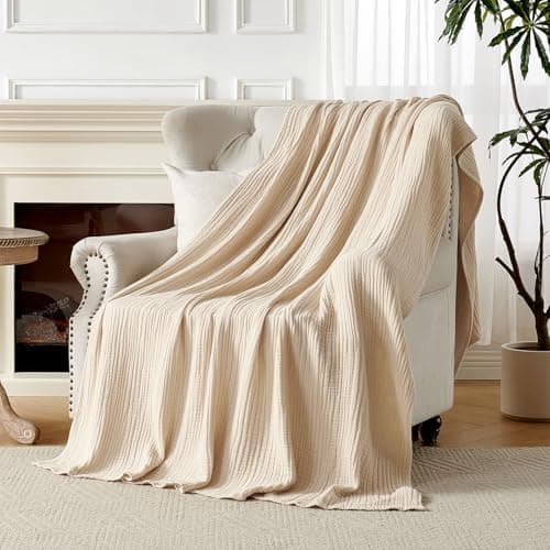 Joydeco 100% Cotton Muslin Throw Blanket for Couch Bed and Sofa, 4-Layer Lightweight and Breathable Soft Gauze Blanket for All Season, Luxury Throws Cotton Blanket Gift(Light Tan, 50"x70") - Thumbnail 5
