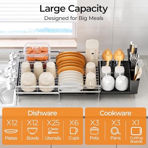 Delamu Stainless Steel Dish Drying Rack, Expandable Dish Drainer, Anti-Rust Large Dish Racks for Kitchen Counter, Dish Strainers with Drainboard, Utensil Holder & Cup Holder, 13.4"-28.7" L x 11.8" W - Thumbnail 3