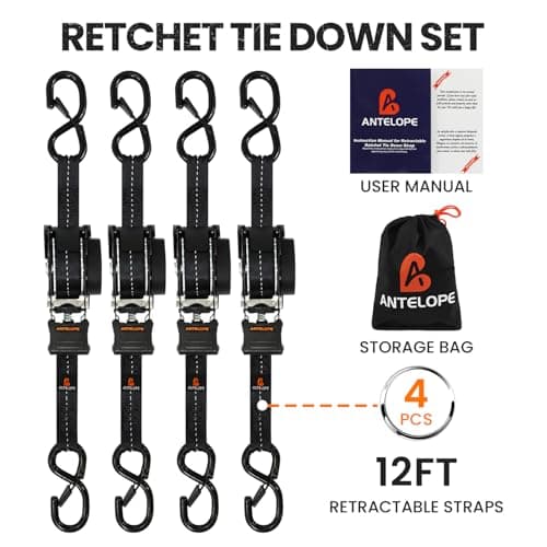 Retractable Ratchet Straps (4 PK) 1 in x 12 ft Auto Retract Tie Down Straps, 1500lb Break Strength AutoRetract Self Retracting for Motorcycle, Truck, Cargo, Trailer, ATV, UTV -Black - Thumbnail 6