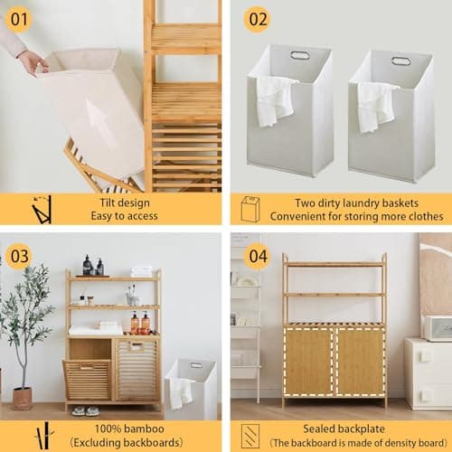 Baveke Bamboo Laundry Hamper with Shelf - 3-Tier Tilt Out Dirty Clothes Basket Organizer, FSC-Certified Moisture Resistant Storage for Bathroom, Bedroom, Laundry Room (Natural, 2 Bags) - Thumbnail 6