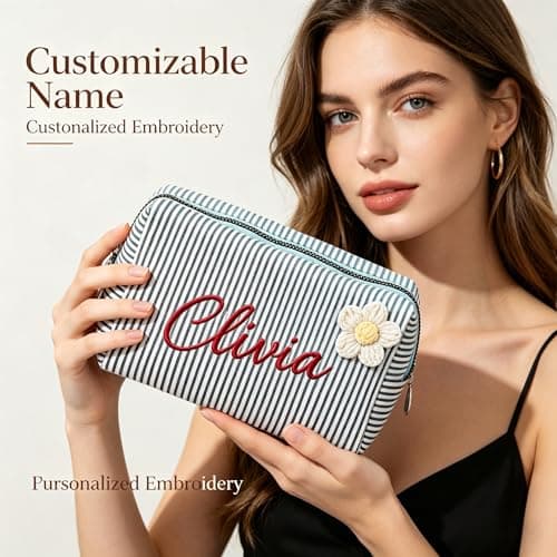 KEQHAULI Personalized Seersucker Makeup Bag – Custom Embroidered Name Cosmetic Bag, Monogram Toiletry Pouch for Women, Bridesmaid Bridal Proposal Gift, Travel Organizer for Mom, Best Friend - Thumbnail 3