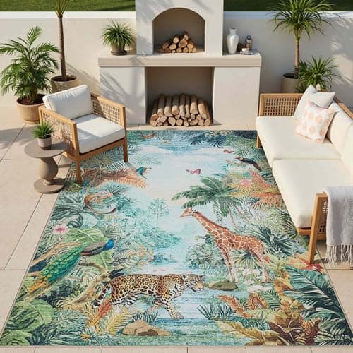 Latte&Fog Modern Animal Print Easy Jute 5x7 Area Rugs, Washable Outdoor Patio Rug for Living Room, Contemporary Non Slip Natural Indoor Carpet for Bedroom Backyard Office Dining Room