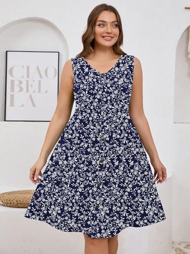 AusLook Plus Size Women Summer Dress Sleeveless V Neck Casual Cute Loose Sundress Vine Flower 2X Comfy Swing Button Down Midi Work Flowy Tunic Ladies Beach Vacation Teacher Dresses with Pockets - Thumbnail 5