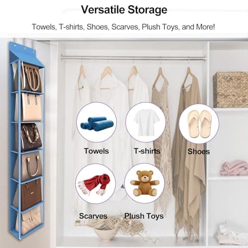 Lirex Over The Door Purse Organizer & Purse Shelf for Closet – Handbag Storage Organizer with Purse Hanger. Perfect for Scarves, Hats, and Leggings. S (11.8'' x 5'' x 51.6''), Blue - Thumbnail 5