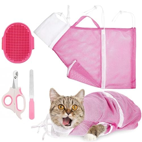 MINOCHI Cat Bathing Bag for Grooming, Pet Wash Bag with Adjustable Neck & Zipper, Anti Scratch Cat Shower Bag with Mesh Breathable, Portable Pet Restraint Bag for Bathing, Ear Cleaning (Pink)