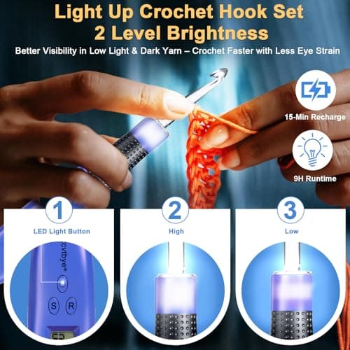 18 Size Light Up Crochet Hook Set with Digital Counter, Ergonomic Crochet Hooks for Arthritic Hands, 2.0–14.0mm Interchangeable Crochet Hooks with Case, Rechargeable and Beginner-Friendly - Thumbnail 3
