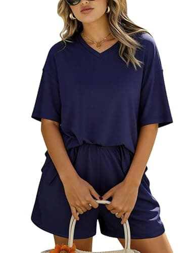 Marvmys Womens Navy Pajama Set Oversized 2Pcs Sleepwear Casual Lounge Sets V Neck Tops and Shorts Summer Pjs Navy L - Image 1