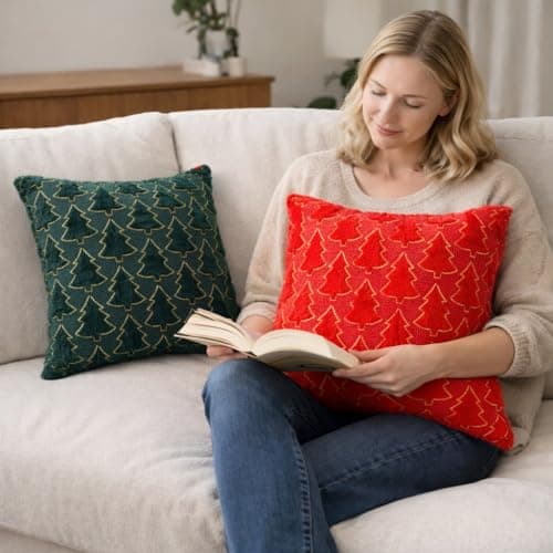 Psythuor Textured Decorative Pillow Covers, 2Pack 18x18 Inch Minimal Nordic Tree Pattern Cushion Covers, Soft Plush Fabric with Zipper for Sofa Couch Bed Home Decor, Green - Thumbnail 5