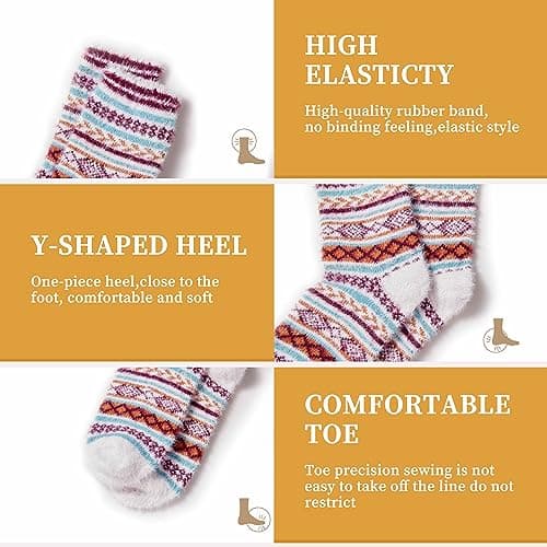 ICEIVY 5 Pair Fuzzy Cozy Fluffy Socks for Women, Warm Comfy Soft Casual Home Sleep Winter Wool Socks, Gifts for Women - Thumbnail 3