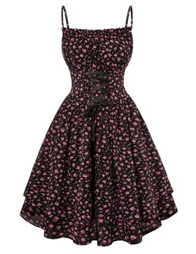 Scarlet Darkness Women Corset Floral Dress Spaghetti Strap Mini Sundress for Teens Black XL - Image 1