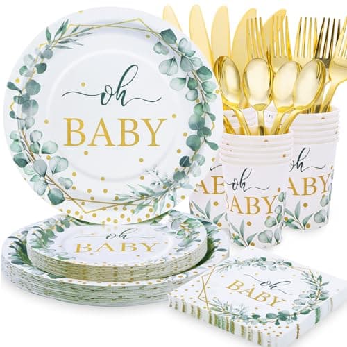 Gudvilla 140PCS Sage Green Baby Shower Decorations for Boy, Baby Shower Plates and Cups and Napkins Sets Serves 20, for Eucalyptus Boho Boy Neutral - Image 1