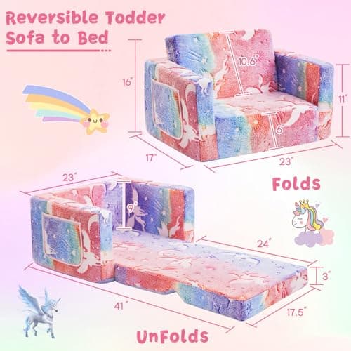 inhand Toddler Chair Comfy,2-in-1 Soft Toddler Couch Fold Out for Kids,Convertible Sofa to Lounger,Gift for Girls and Boys Birthday,Elf,Medium - Thumbnail 2