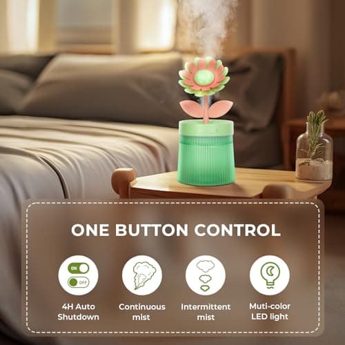 Cute Flower Mini Humidifier, 260ml Sunflower Desktop Humidifiers for Bedroom, Portable Small Cool Mist Humidification for Home, Baby Nursery, Office & Indoor Plants, USB Powered (Green) - Thumbnail 6