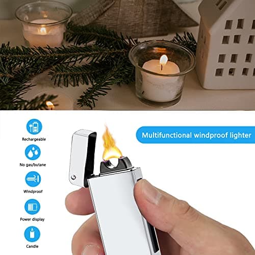 TIKIUKI Plasma Lighter Rechargeable, Windproof USB Lighters Arc Cool Lighter with Projection Stone, Visual Battery Auto-Off, Vintage Custom Lighters Design for Outdoor Camping Candle Gift（Silver） - Thumbnail 5