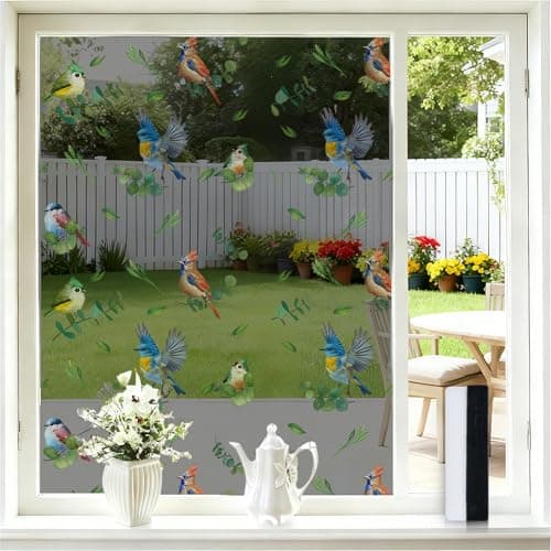 Borskyn One Way Privacy Window Film for Home, 99% Heat UV Blocking Window Tint, Birds & Leaves Decorative Static Cling Film, Professional Squeegee for Bubble-Free Install, No Residue, 35.4"W x 78.7"H
