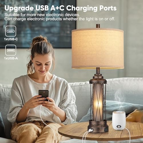 Qimh Farmhouse Table Lamps for Living Room, Rustic Nightstand Lamp for Bedroom with USB A+C Charging Ports, Frosted Glass Bedside Lamp with Night Light for Entryway End Table, 4 Bulbs Included, Bronze - Thumbnail 3