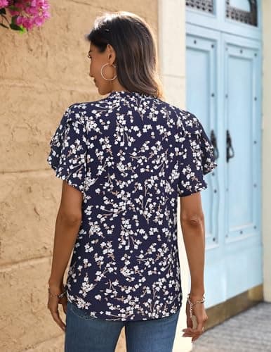 LOOKBOHO Womens Blouses Dressy Casual Chiffon Floral Tops Ruffle Short Sleeve V Neck Summer Loose Office Shirts Blue L - Thumbnail 5