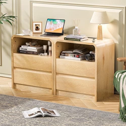 Modern Fluted Night Stand with Charging Station, 25" Tall Wood Nightstand Bedside Table with 3 Drawers & USB Ports, Mid-Century End Table for Bedroom (1, Nature Smooth, 2 Drawers) - Thumbnail 5