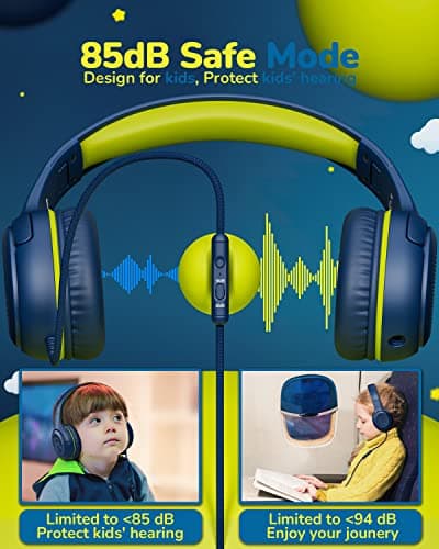 awatrue Kids Headphones for School Travel, 85/94dB Safe Volume Limit, 3.5mm Jack, HD Mic, Portable Wired Headphone with Shareport, Stereo Sound On-Ear Headphones for Toddler Kids Girls Boys Bluegreen - Thumbnail 2