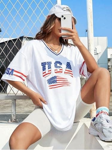 USA Jersey Shirts for Women Oversized American Flag Tshirt 4th of July Outfits V Neck Baggy Streetwear Tops - Thumbnail 4