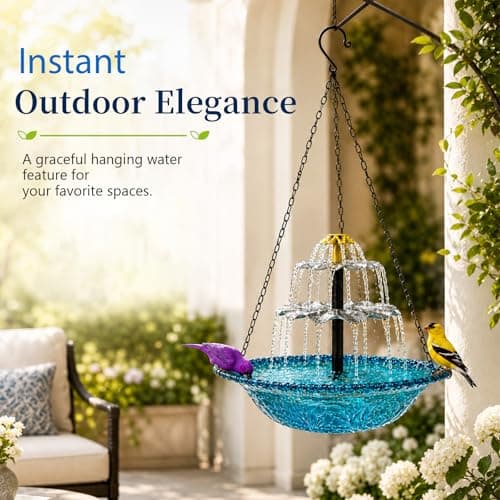 Hanging Bird Bath with Textured Bowl and Metal Chains, Solar Fountains with Cascade Flow for Outdoor Garden, Patio, and Yard Decor (Pink(L)) - Thumbnail 6