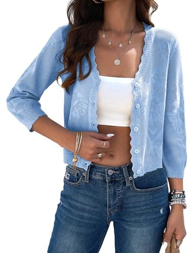 Kate Kasin Crochet Crop Blue Cardigans Sweater for Women Trendy Lightweight 3/4 Sleeve Button Down Knitted Shrugs Top XL - Image 1