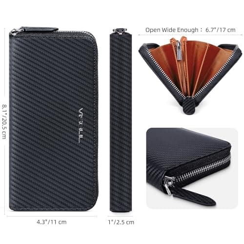 VISOUL Leather Long Zippered Pouch Wallet for Men with RFID Blocking Two-tone, Large Carbon Fiber Leather Clutch Cash Long Wallet with Zipper (Black+Orange) - Thumbnail 4