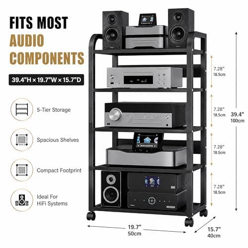 OVZXSD 5-Tier Av Media Stand with Wheels, Audio Tower Rack with Adjustable Shelves, Stereo Racks and Stands with Storage Shelves, Media Console for Home, Office, Theater, Black - Thumbnail 2