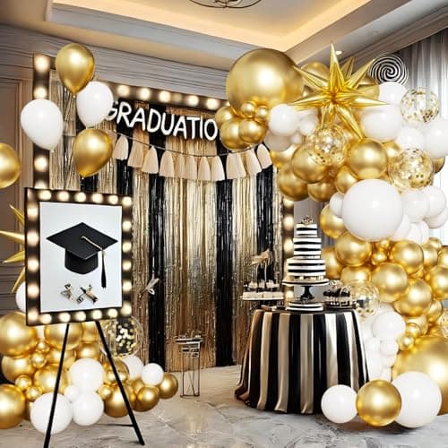 White and Gold Balloon Arch Kit, 130Pcs White and Gold Graduation Decorations with Gold Foil Star Confetti Balloons for College High School Graduation Decorations Class of 2026 - Thumbnail 3