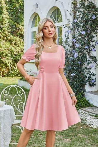 Belle Poque Light Pink Vintage 1950s Cocktail Party Dress 2026 Summer Square Neck Flowy Midi Baby Bridal Shower Dress L - Thumbnail 2