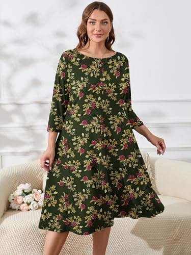 AusLook Women's Plus Midi Dresses Crew Neck A Line 3/4 Sleeves Casual Elegant Loose Flowy Wedding Guest Maternity Vacation Beach Yellow Leaves Rose 2X Dress with Pockets - Thumbnail 3