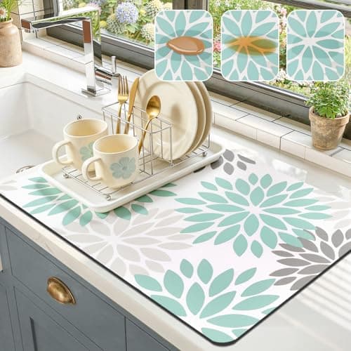 Findosom Floral Dish Drying Mat, 16" x 24" Super Absorbent & Hide Stain Coffee Mat, Cuttable Drying Mat for Kitchen Counter, Under Dish Rack, Coffee Maker, Espresso Machine, Teal - Image 1