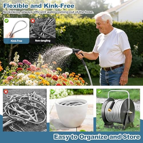 Garden Hose Metal 100FT, Stainless Steel Heavy Duty Water Hose With 10 Function Nozzle, No-Kink, Tough & Flexible, Sturdy and Lightweight, Rust Proof for Yard, Outdoor, RV - Thumbnail 6