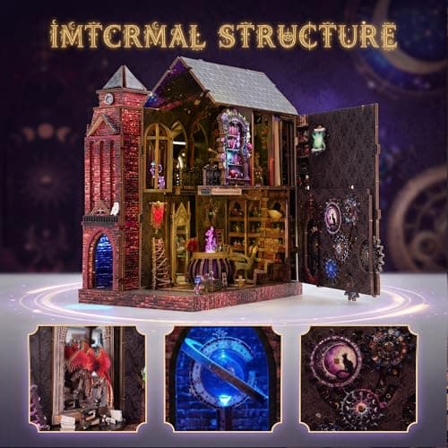 Book Nook Kit, DIY Miniature House Dollhouse Crafts Kit for Adults and Teens, Magic Castle 3D Wooden Puzzle Booknook Build Bookshelf Decor, Gifts for Family and Friends（Arcane Sprire） - Thumbnail 2