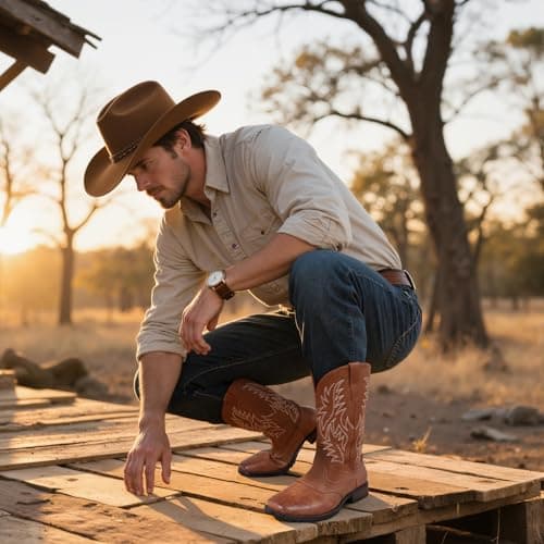 Tarkwa Cowboy Boots for Men, Western Men's Boots, Slip on Square Toe Boots, Slip Resistant Country Boots, Chunky Heel Ankle, Durable Short Boots for Spring Fall, Brown Szie 11.5 - Thumbnail 2