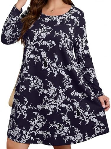 BLANCHES Plus Size Floral Dress for Women Long Sleeves Crew Neck Casual Dresses Empire Waist Swing Cute Tiered Loose A-Line Flowy Dress with Pockets - Image 1