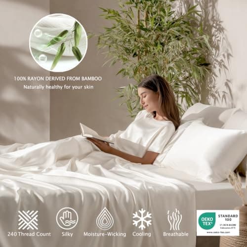 NATUREFIELD 100% Rayon Viscose Derived from Bamboo Sheets Set - 4 Piece- Hotel Luxury Silky-Smooth Feel,Cooling Breathable, for Hot Sleepers, 16" Deep Pocket, 240 Thread Count. White California King - Thumbnail 2