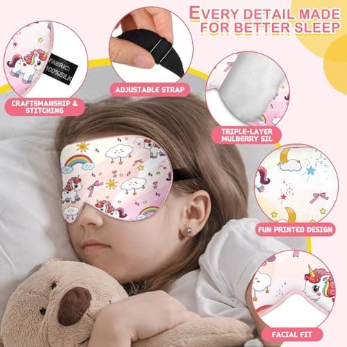 Kids Silk Sleep Mask: 100% Mulberry Silk Eye Mask with Adjustable Strap, Cute Sleeping Blindfold for Boys Girls Teens, Soft & Lightweight Eye Shade for Travel, Nap, Bedtime (Pink Horse Style) - Thumbnail 3