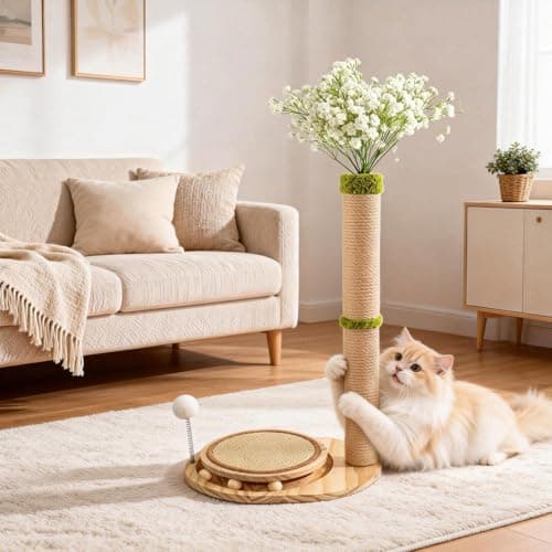 Catails Cute Babys Breath Flower Cat Scratching Post, 39" Tall Cat Scratcher, Interactive Cat Toys with Ball Track & Spring Ball, Cat Scratch Post with Pad for Indoor Cats Adults and Kittens - Thumbnail 5