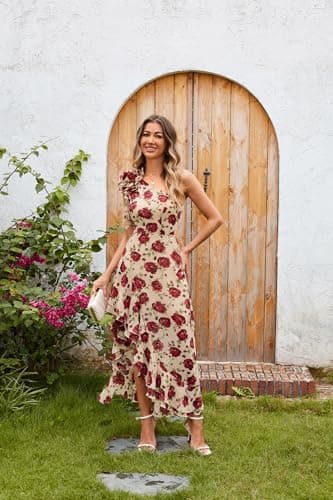 GRACE KARIN Women 2026 Summer One Shoulder Dresses High Waist Floral Flowy Boho Smocked Wedding Guest Maxi Sundress - Thumbnail 6