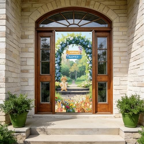 Lednica Happy Easter Door Decoration, Rustic Hydrangea Easter Door Cover with Bunny Eggs, Spring Floral Arch Garden Banner for Party Decor & Supplies, 71x35 Inch - Thumbnail 5