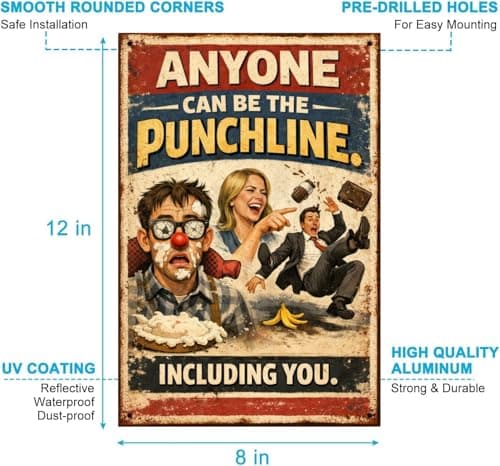 Anyone Can Be the Punchline Metal Tin Sign Funny Retro Humor Quote Wall Decor Pie in Face Banana Slip Prank 8x12 Inch Iron Art Plaque Vintage Laugh Sign - Thumbnail 6