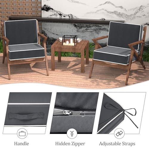 5" Thicker Outdoor Chair Cushions Set of 2 - 24x24 Inch Patio Chair Cushion for Outdoor Furniture w/Fade-Resistant Removable Cover Waterproof Deep Seat Patio Cushions w/Straps Handle for Couch, Grey - Thumbnail 2